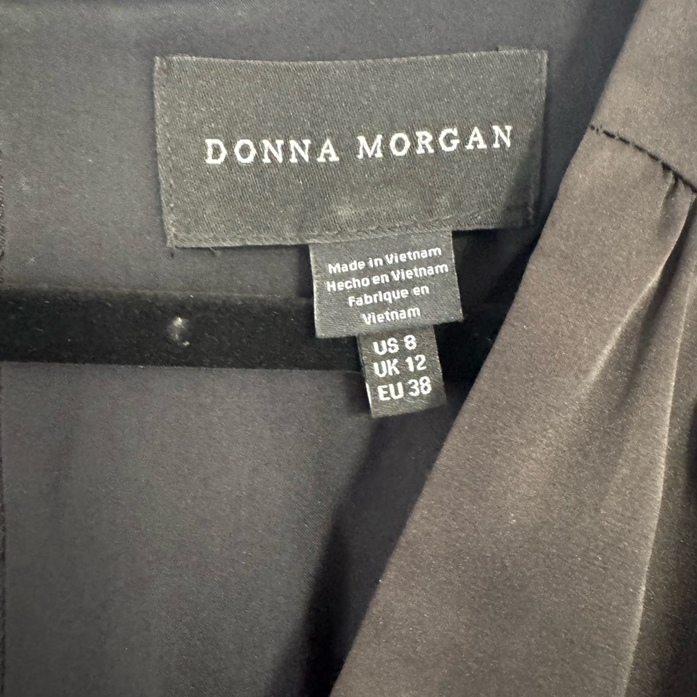 Donna Morgan Black Silk 3/4 Sleeve Dress, Slim Details on Waist, Flirty Hem - Picture 9 of 14